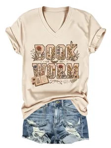 T-shirt femme col V à manches courtes avec imprimé graphique floral rétro, haut casual.