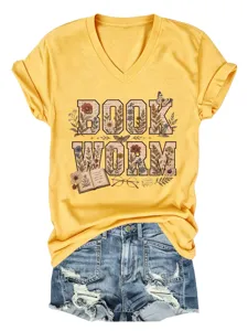 Femme t-shirt vintage imprimé livre col v manches courtes avec short en jean