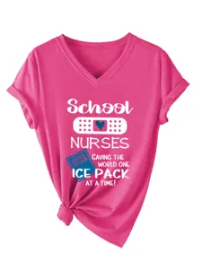 Maglietta infermiera scollo a V manica corta top grafico casual estivo da donna moda