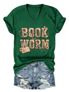 T-shirt à col V et manches courtes pour femmes avec imprimé floral de ver de livre chic.