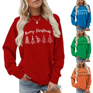Women Christmas long sleeve sweatshirt casual crewneck pullover with cute tree print top.