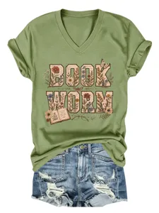 Elegant t-shirt femme col V manches courtes imprime graphique livre vintage top mode