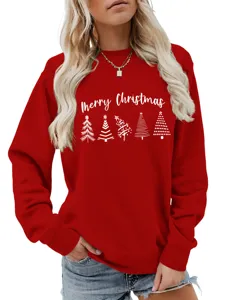 Close-up detail of festive red pullover sweatshirt with white Christmas tree graphic print.