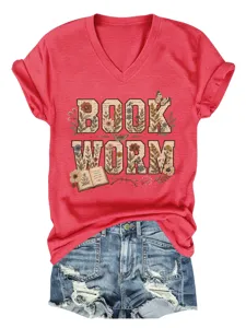 T-shirt femme col V et manches courtes avec motif floral de rat de bibliothèque.