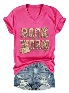 T-shirt femme vintage livre ver floral col V manches courtes haut décontracté été