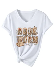 T-shirt vintage à col V et manches courtes avec imprimé floral de livre et nœud élégant.