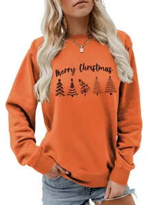 Women orange long sleeve sweatshirt with Merry Christmas tree print casual pullover top