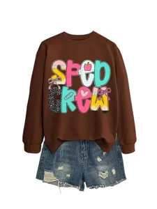 Brauner Langarm-Sweatshirt und Jeansshorts-Set mit süßem schulbezogenem Grafikdruck.