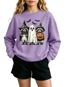 Μωβ φούτερ με τύπωμα ρακούν φάντασμα για Halloween, casual μακρυμάνικο τοπ γυναικείο.