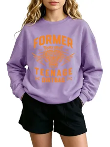 Purple long sleeve crewneck sweatshirt featuring a bold orange tiger graphic and text print.