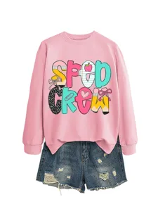 Rosa Damen Langarm Pullover mit niedlichem Buchstaben Druck passend zu Jeansshorts