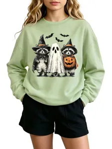 Φούτερ με στάμπα ρακούν φάντασμα Halloween μακρυμάνικο γυναικείο casual στρογγυλή λαιμόκοψη