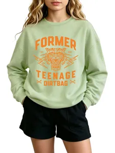 Casual light green crewneck sweatshirt with bold orange tiger graphic and text print for women.