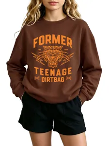 Detailed close-up view of the stylish brown sweatshirt featuring the Former graphic print.