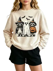 Μπεζ γυναικείο φούτερ με Halloween στάμπα ρακούν και φάντασμα μακρυμάνικο casual top