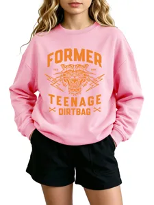 Casual fashion women's pink sweatshirt featuring cool tiger graphic and letter print details.