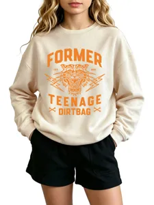Beige crewneck sweatshirt featuring an orange graphic tiger print and casual streetwear style.