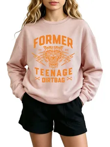 Casual pink long-sleeve crewneck sweatshirt featuring cool tiger and text graphic design for women.