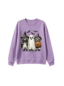 Μωβ φούτερ Halloween με χαριτωμένο γραφικό σχέδιο ρακούν και φαντάσματος για το φθινόπωρο.