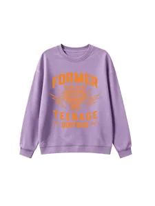 Purple casual sweatshirt for women and kids featuring cool orange graphic print and long sleeves.