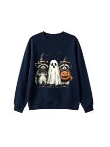 Σκούρο μπλε φούτερ με λεπτομέρεια γραφικής εκτύπωσης ρακούν και φάντασμα Χαλοουίν.