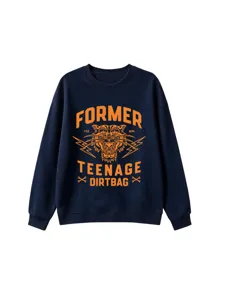 Navy blue crewneck sweatshirt featuring an orange tiger graphic and text for casual streetwear style.