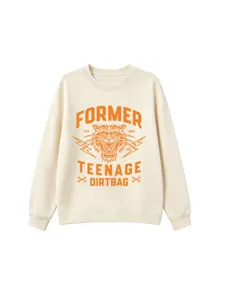 Close-up detail of beige sweatshirt with front tiger graphic print and ribbed hem and cuffs.