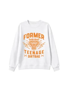Close-up detail of white crewneck sweatshirt featuring orange tiger and text print graphic.