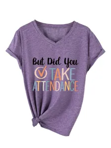 Women casual V-neck short sleeve t-shirt with funny quote print and front knot design.