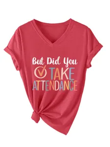 Casual women short sleeve v-neck t-shirt with funny letter print and cute tied hem design.