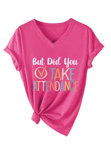 Pink V-neck short sleeve t-shirt featuring front slogan print and stylish front knot.