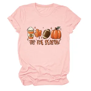 Maglietta Rosa Maniche Corte Donna Casual Collo Rotondo Autunno Zucca Grafica Top