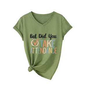 Casual women's olive green V-neck short sleeve t-shirt with letter graphic and knot hem.