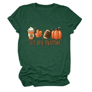 Comoda t-shirt a maniche corte verde scuro da donna con divertente stampa autunnale.