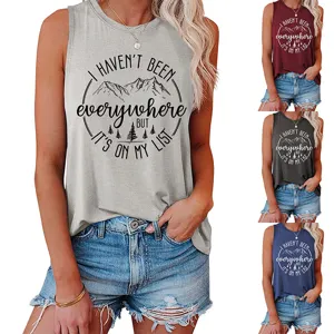 Women's casual sleeveless tank top with travel slogan graphic print for daily summer wear.