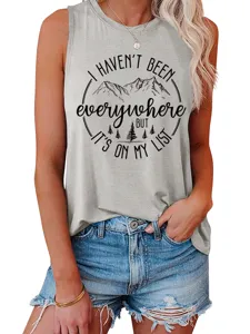 Casual grey women's sleeveless tank top featuring mountain graphic and inspiring letter print.