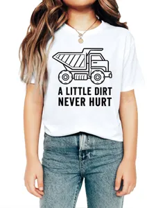 Close-up detail of children casual short sleeve white t-shirt with dump truck graphic print