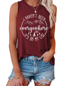 Close-up detail of the maroon sleeveless tank top featuring mountain graphic and typography.
