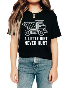 Kids black short sleeve t-shirt featuring a cute dump truck graphic and fun lettering detail.