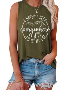 Close-up view of army green women's sleeveless tank top with mountain and slogan graphic print.