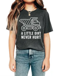 Close-up detail of the grey kids short sleeve t shirt featuring fun truck print and slogan text.