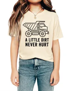 Detailed view of kids short sleeve t-shirt featuring cute dump truck graphic and letter print.