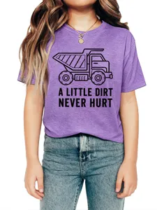 Close-up view of children purple graphic t-shirt featuring truck print and fun quote detail.