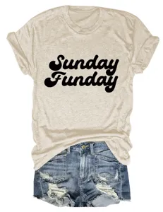 Vrouwen casual Sunday Funday letter print korte mouw ronde hals t-shirt beige top detail view