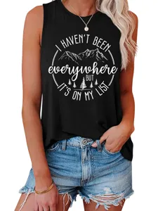 Detailed view of women casual black sleeveless tank top with mountain travel graphic design.