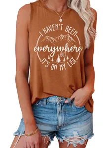 Close-up detail of the printed mountain graphic and text on casual summer women tank top.