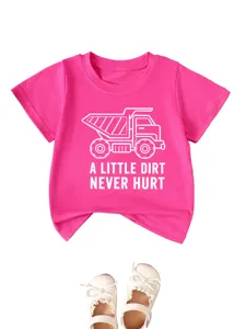 Detail view of vibrant pink kids short sleeve t-shirt with graphic and fun slogan text.