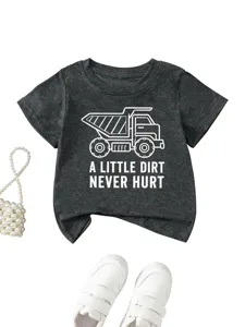 Detail view of toddler dark grey short sleeve t-shirt with cute truck graphic and quote.