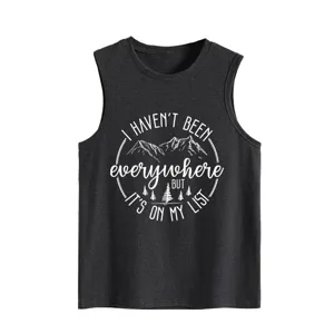Close-up detail view of women's dark grey casual tank top featuring a stylish travel print.