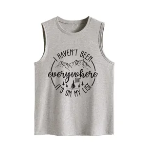 Casual grey sleeveless tank top for women with mountain graphic and travel quote print detail.